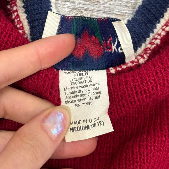 Vintage 80s 90s Heartworks Teddy Bear Red Girls M Acrylic Knit USA Made Cardigan - Picture 6 of 9